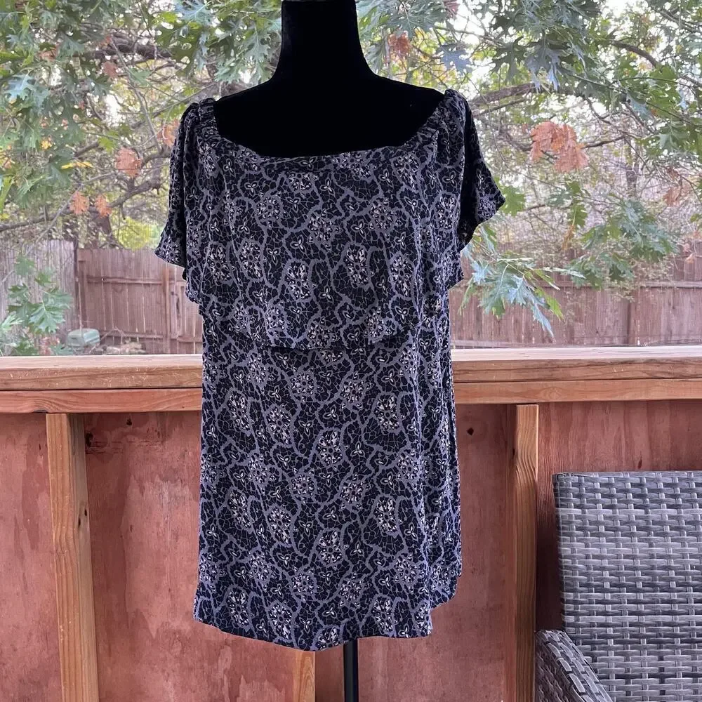 Free People Black And Grey Printed Tiered Tunic Top/Mini Dress Size S